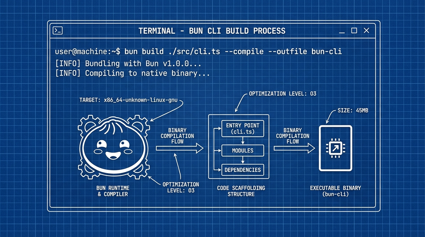 Technical blueprint diagram showing a terminal window with CLI tool construction, binary compilation flow, and Bun runtime elements on a deep blue grid background