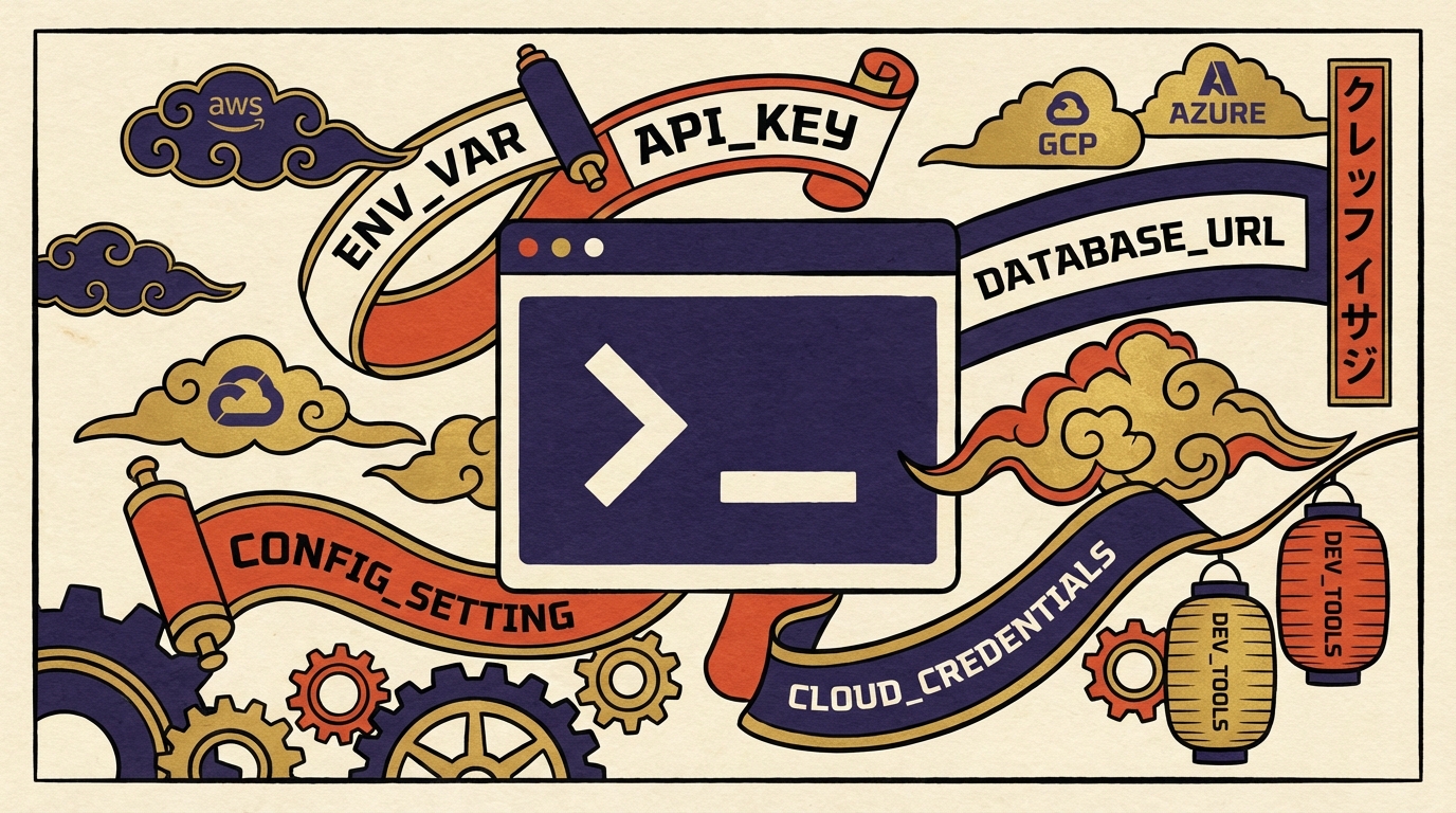 Woodblock print style illustration of a terminal window displaying environment variable exports with configuration gear icon
