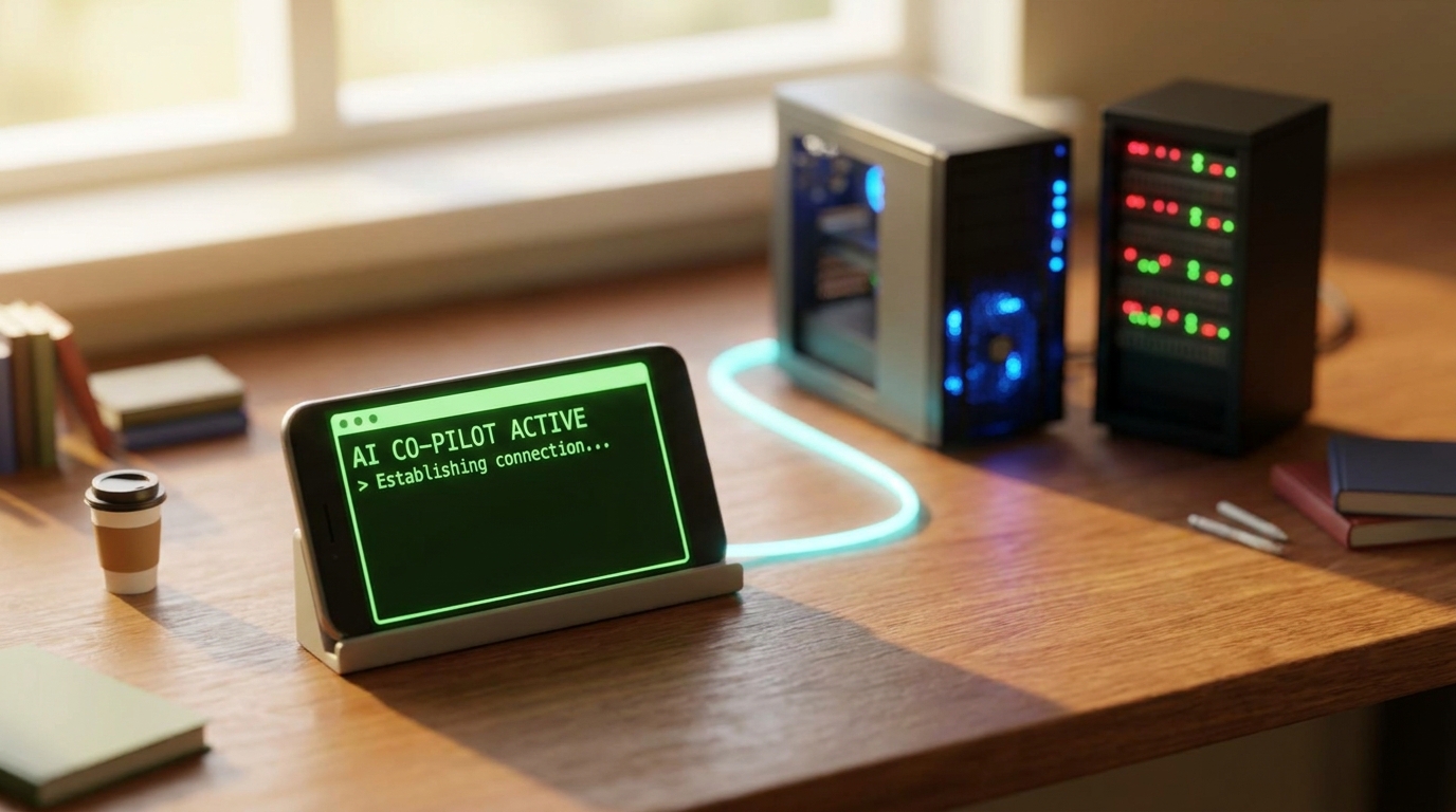Tilt-shift miniature scene of a smartphone running a terminal session on a desk, linked by a glowing cyan light trail to a desktop tower and home server with blinking LEDs in the background