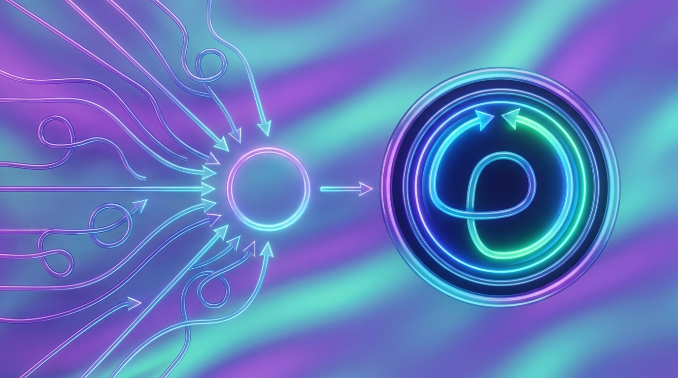 Abstract gradient mesh diagram of many request arrows converging into a single glowing looping node, in purple and cyan tones