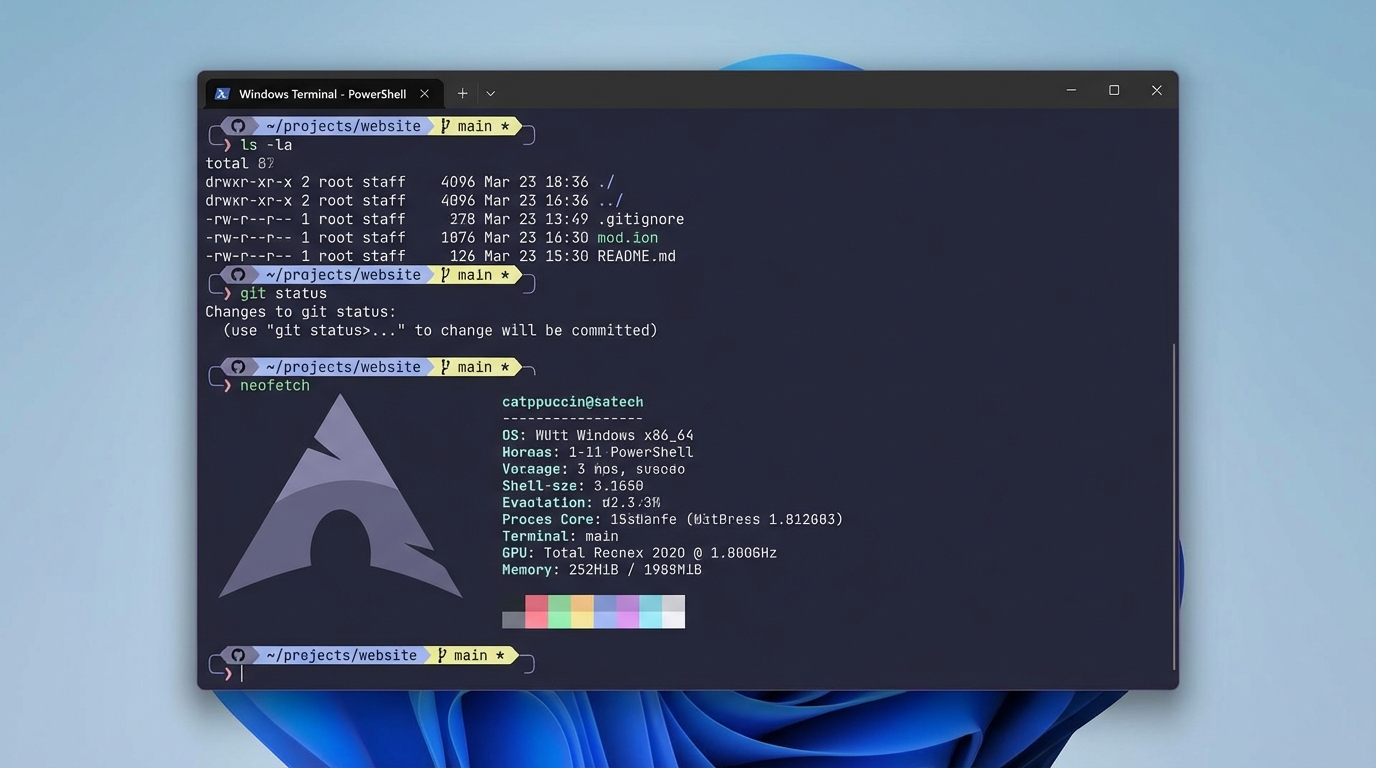 A modern Windows Terminal with Oh My Posh Catppuccin theme showing git status, node version, and execution time in the prompt