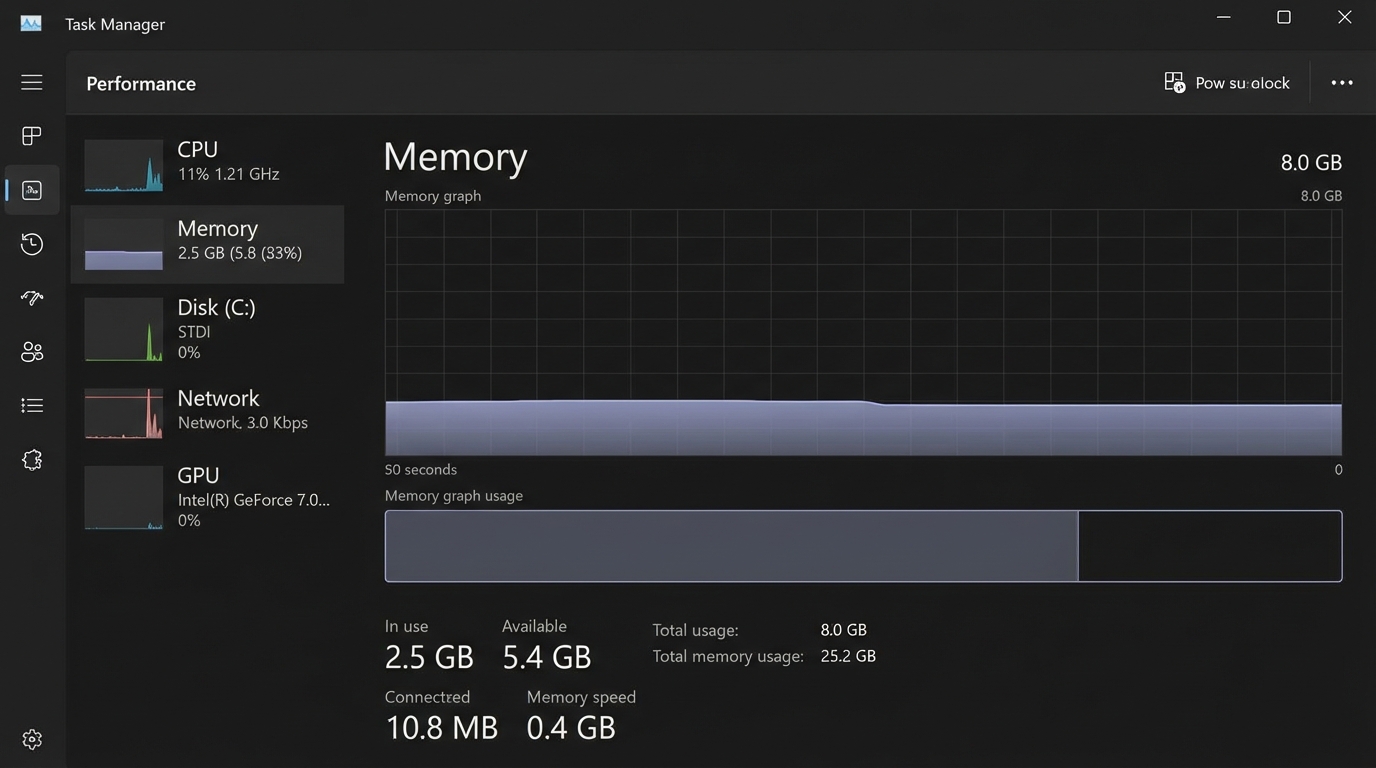 Windows Task Manager showing WSL2 memory usage capped at 8GB with Docker running